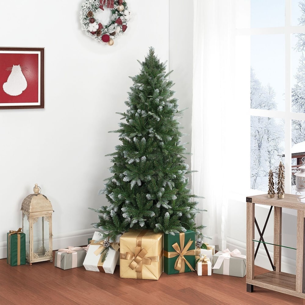 PE & PVC White-Tip Pre-Lit Christmas Tree with Warm Lights , Natural Look with Fluffy Branches