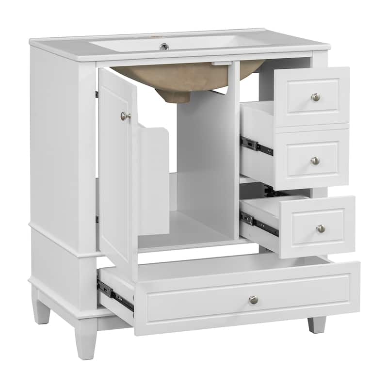 30" Bathroom Vanity w/Ceramic Sink and One-Door Shelf, Water-Resistant Wood One Cabinet Vanities w/ 3 Drawers & Soft Close Door