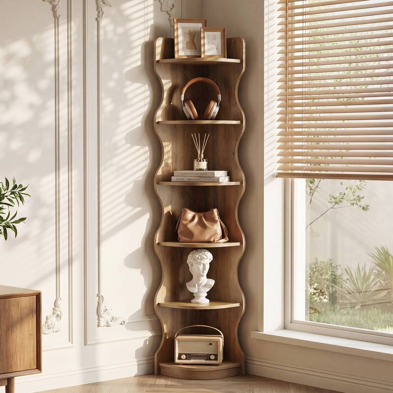 Corner Bookcase, 70.8'' Tall Corner Shelf Storage Display Rack - 13.8'' W × 13.8'' D × 70.8'' H - Brown