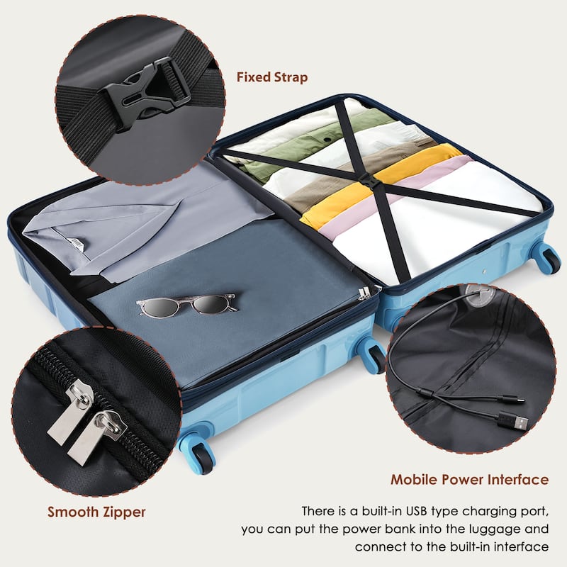 3-Piece, 20-Inch Modern Hard Shell Luggage with USB Port and Spinner Wheels, for Boarding Travel, Blue