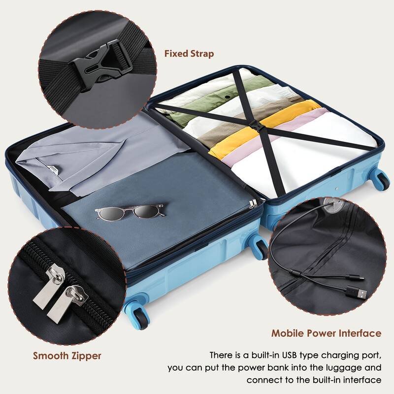 ABS+PC Hard Shell Luggage Sets, 3 Piece Carry-on Lightweight Durable Suitcase with USB Port and Spinner Wheels, for Travel