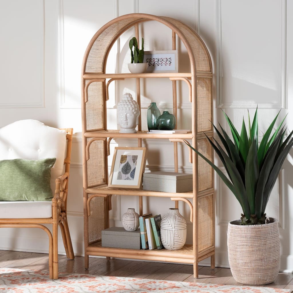 Natania Natural Rattan 4-Tier Display Shelf - Handwoven Arched Bookcase with Webbed Side Panels, Boho Coastal Design