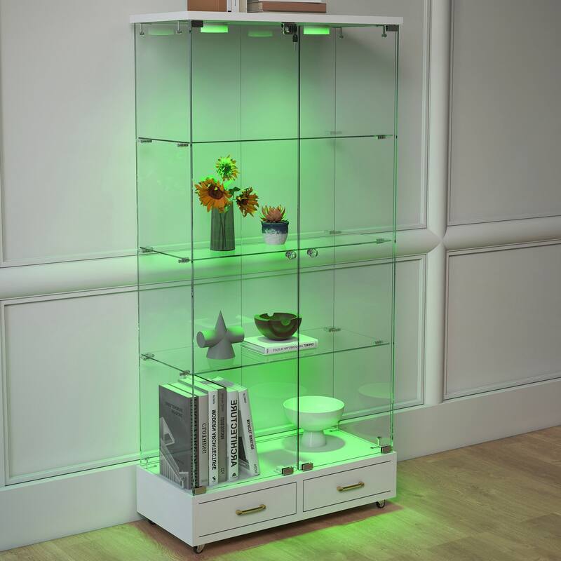 Modern Glass Display Cabinet with Large Drawer for Living Room and Bedroom
