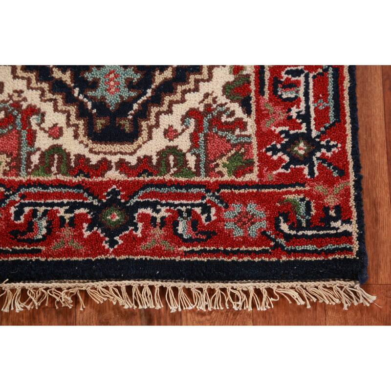 Hand Knotted Oriental 100% Wool Carpet Traditional Medallion Navy Blue & Blues Heriz (serapi) Area Rug - 3' 0'' X 2' 0''