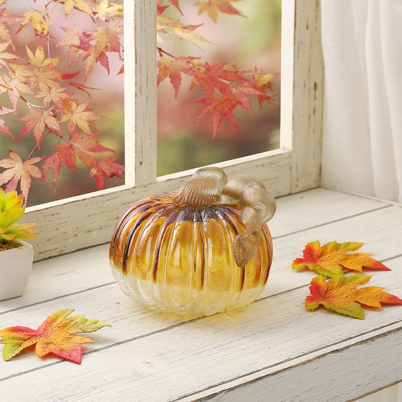 Glitzhome 6"D Green Amber Crackle Hand Blown Glass Pumpkins for Fall Harvest Halloween