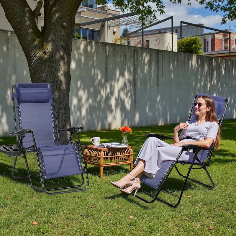 Set of 2 Folding Reclining Lounge Chair, Outdoor Zero Gravity Recliner W/Side Tray & Detachable Headrest Pillow