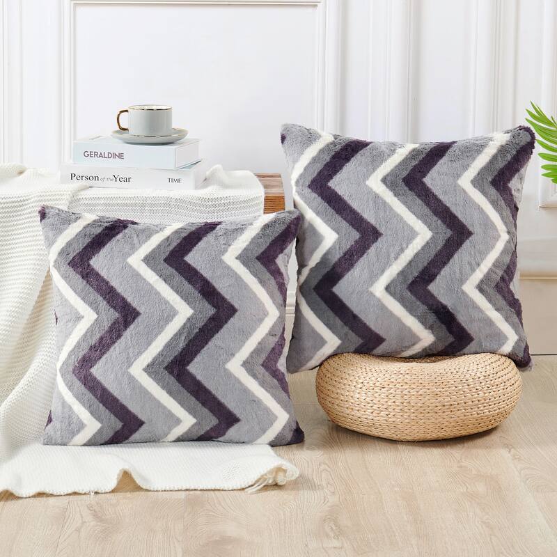 FauxFur Chevron Pillow Shell 2 Piece Set, NO INSERT - 20"x20" - Grey Purple