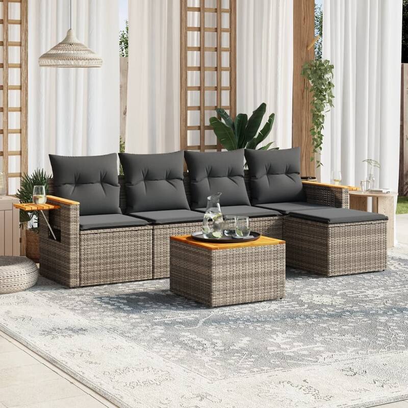 vidaXL Patio Sofa Set with Cushions Outdoor Conversation Furniture Poly Rattan - Grey with table - 21.7 x 21.7 x 14.6 in