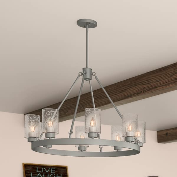 slide 2 of 14, Hunter Hartland Wagon Wheel Chandelier - Dining Room, Kitchen, Entry - Modern Farmhouse, Industrial 32" 8-Light - Brushed Nickel