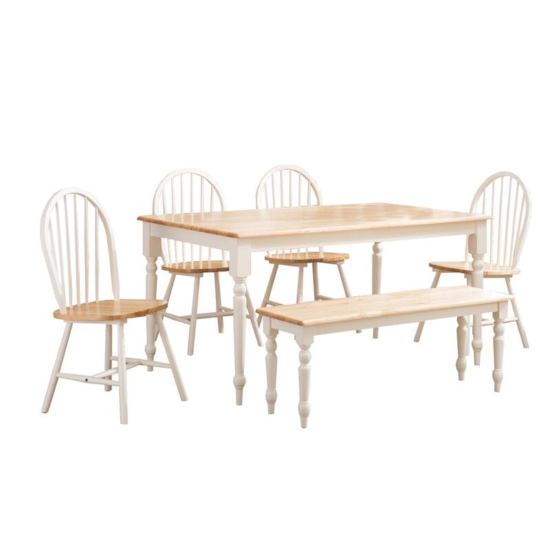 6 Piece Farmhouse Wooden Dining Set, White and Brown