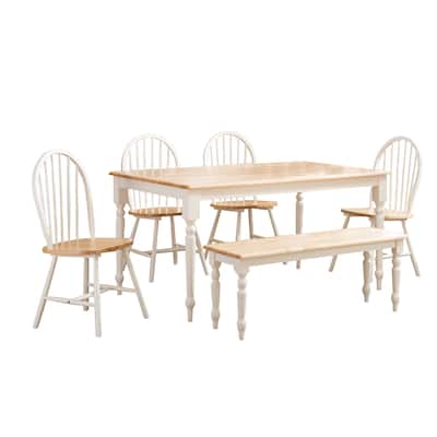 6 Piece Farmhouse Wooden Dining Set, White and Brown