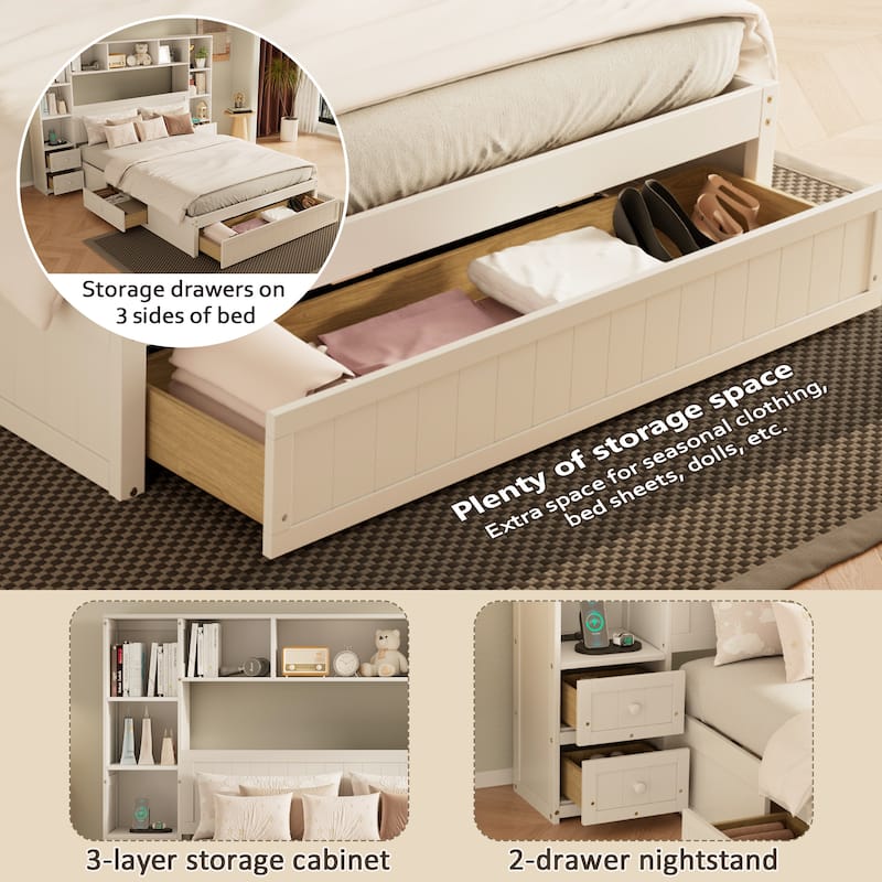 Full/Queen Size Storage Platform Bed with All-in-One Bookcase with 2 Charging Stations, Captain Bed Frame with 7 Drawers