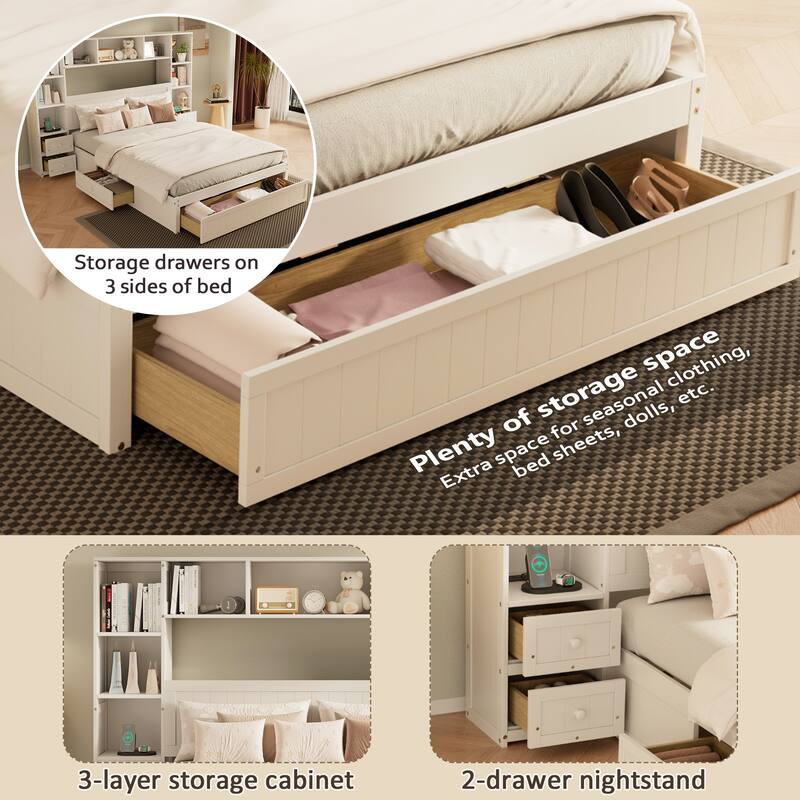 Queen/Full Platform Bed - Pine Wood Frame with Nightstands, Storage & 2 Charging Stations