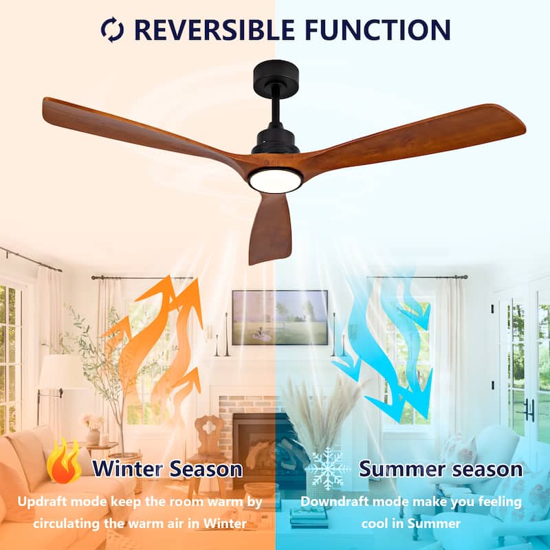 60" Ceiling Fan w/ 18W Led Light 3 Solid Wood Blades Remote Control Reversible DC Motor