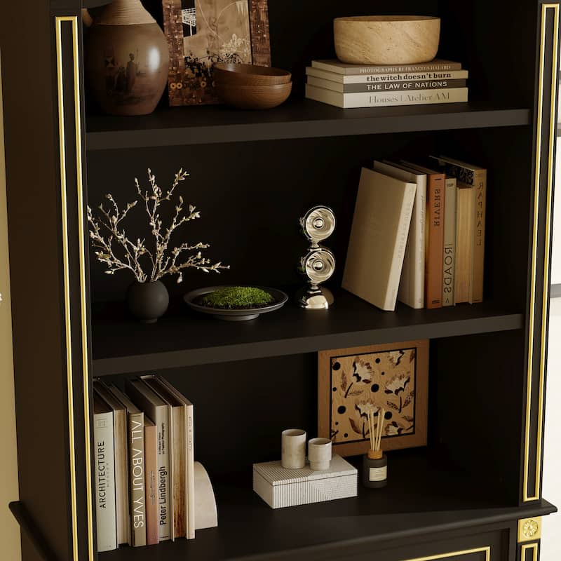 Black & Gold Display Cabinet with Shelves and Drawers, Elegant Glossy Bookcase for Living Room Storage