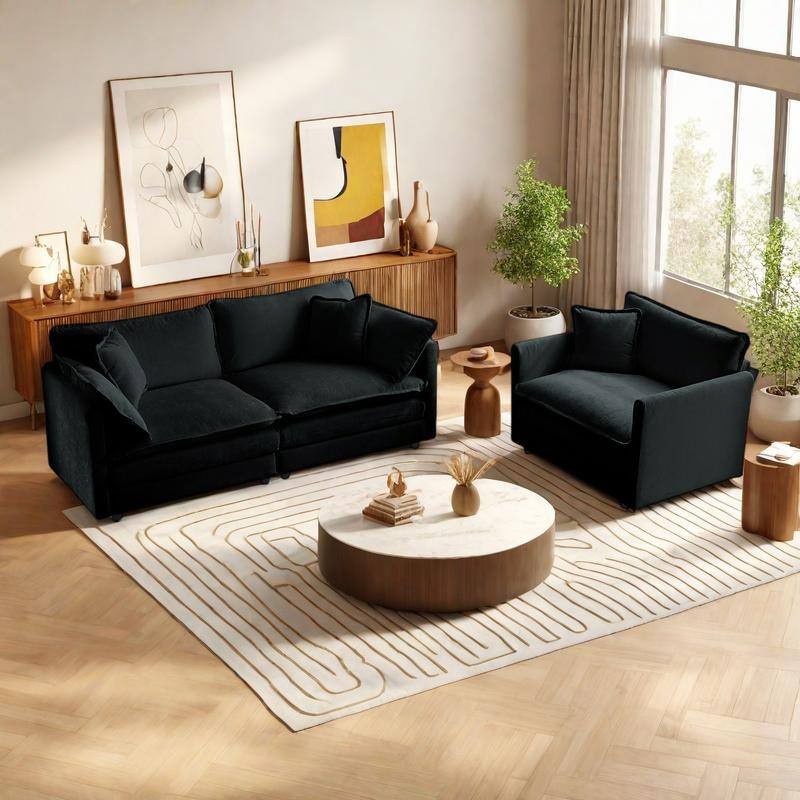 3-Piece Chenille Living Room Sofa Set (Loveseat + Accent Chair) with Solid Wood Frame & Plush Cushions - Black