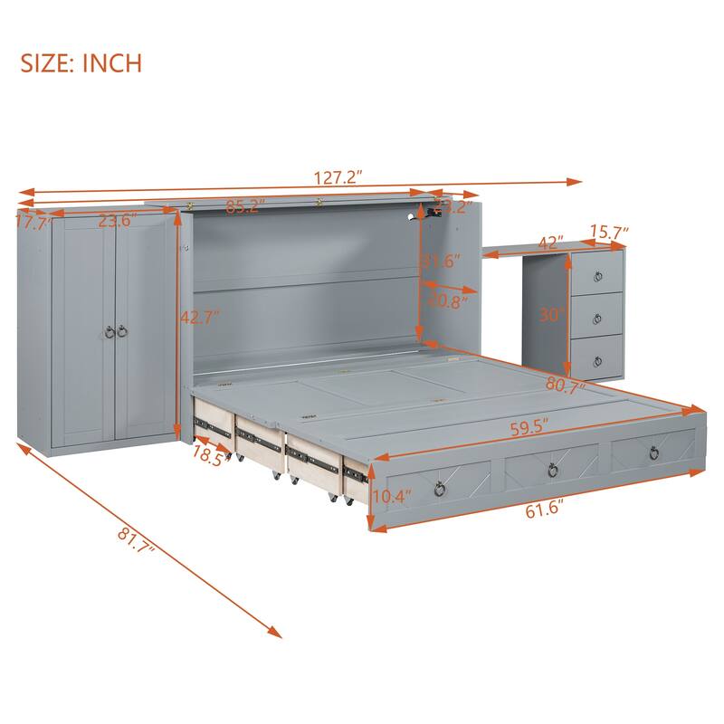 Multifunctional Queen Murphy Bed with USB, Wardrobe, and Desk - Cabinet Bed with Ample Storage