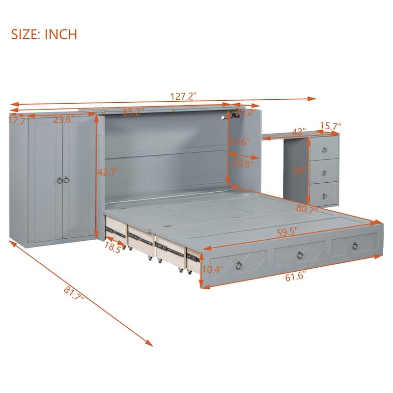Queen Size Murphy Bed with USB Port, Large Drawer, and Wardrobe/Desk Combo - Versatile Gray Cabinet Bed