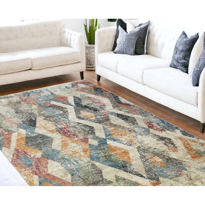 Cexox Distressed Geometric Modern Stain Resistant Woven with Fringe Area Rug By HomeRoots - 116' X '92' X '0.39 - Cream/Onyx - Rectangle