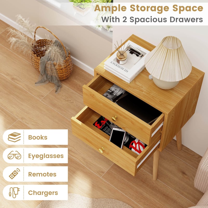 Costway 2PCS Mid-century Modern Nightstand with 2 Drawers Solid Wood