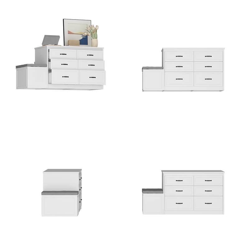 White Dresser with Seat and Storage 6 Drawer Closet Island Cabinet Bedroom Organization Bench