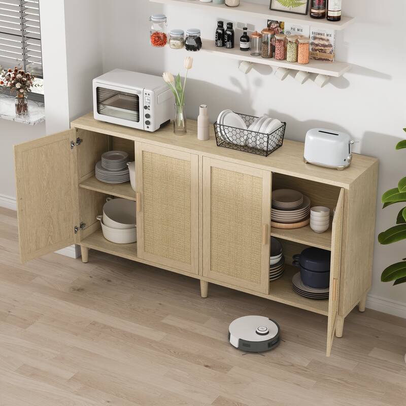 Rattan Buffet Cabinet with Storage, 4-Door Sideboard Buffet Cabinet with Adjustable Shelves for Kitchen, Living Room