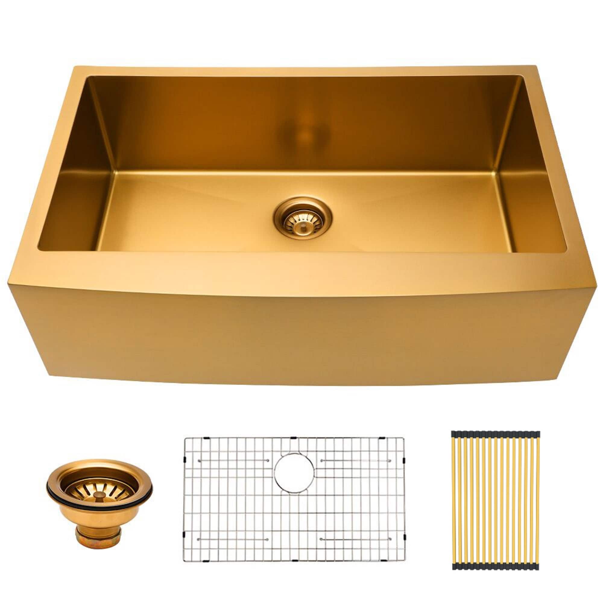 30 inch Farmhouse Kitchen Sink Gold Apron Front 16 Gauge Stainless Steel Deep Single Bowl Kitchen Farm Sinks