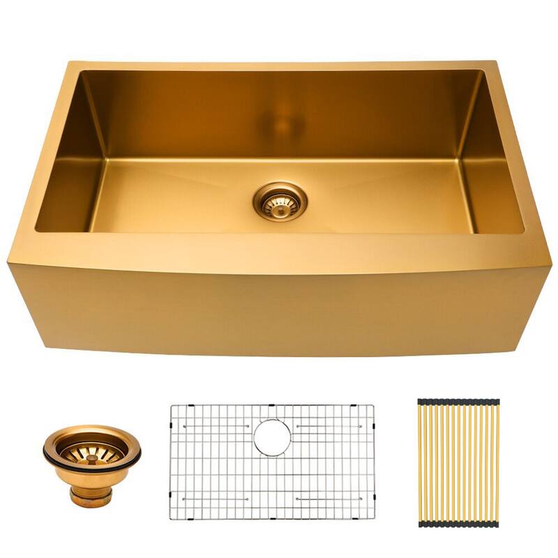 36 inch Farmhouse Kitchen Sink Gold Apron Front 16 Gauge Stainless Steel Deep Single Bowl Kitchen Farm Sinks - 36*21*10 inch