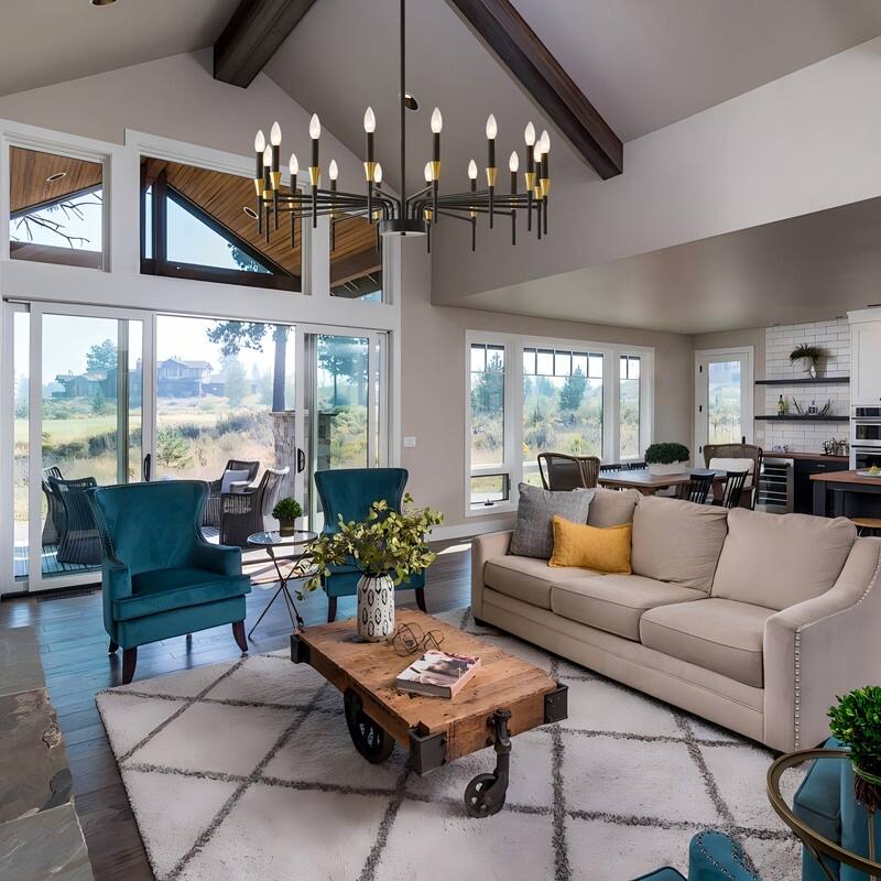 Black & Gold Modern Farmhouse Chandelier Rustic Ceiling Light Dimmable E12 Candle-Style Pendant Lighting Fixture