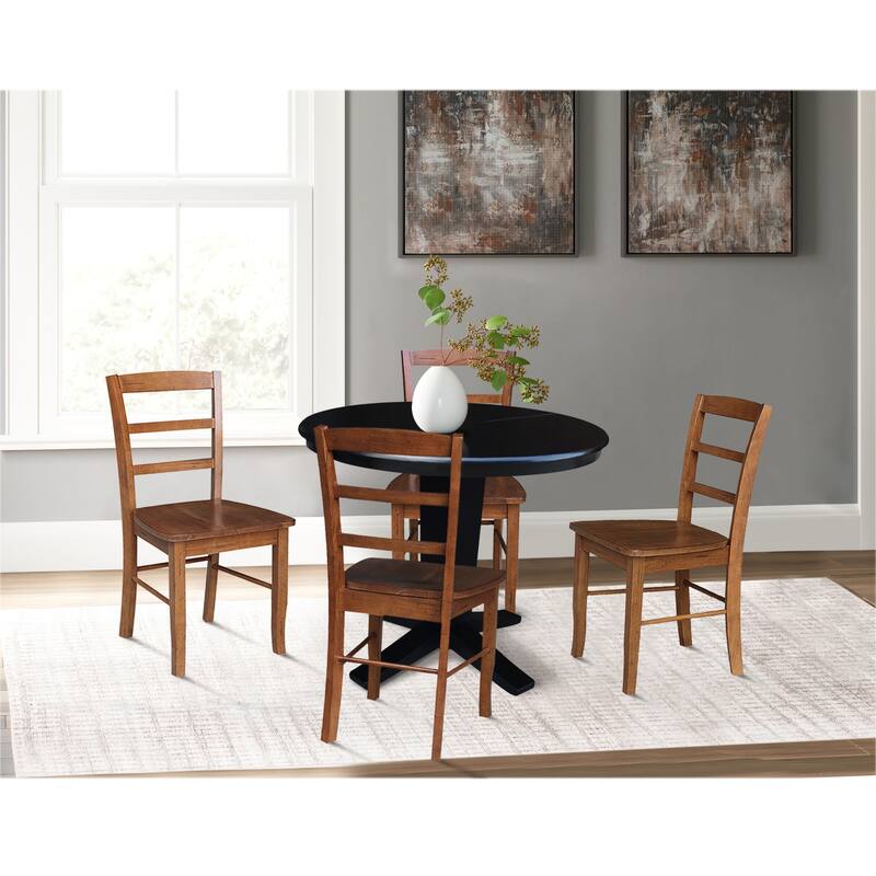 36 in Round Extension Dining Table with 12 in Leaf and Dining Chairs - Black/Distressed Oak
