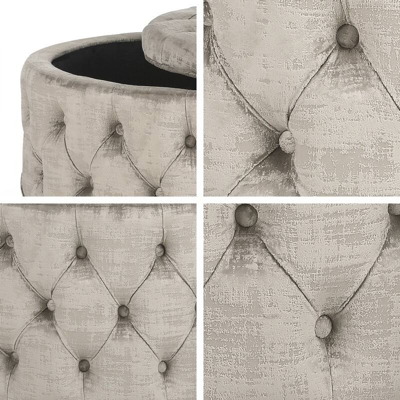 Adeco Round Velvet Storage Ottoman, Button Tufted Footrest Stool