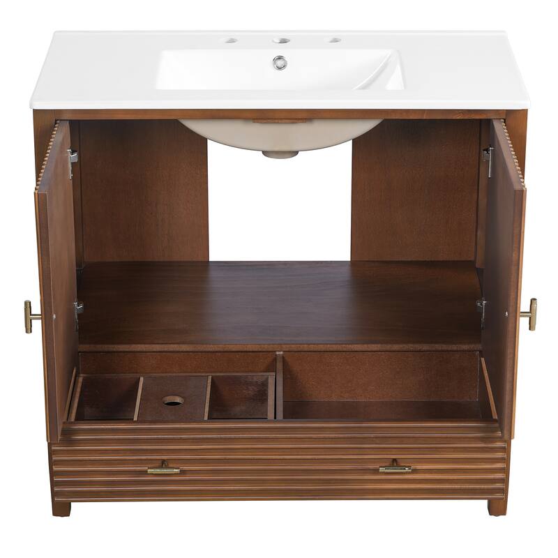 Christopher Knight Home - Mid-Century Freestanding Bathroom Vanity with Ceramic Sink, Flip-Up & Dual Drawers