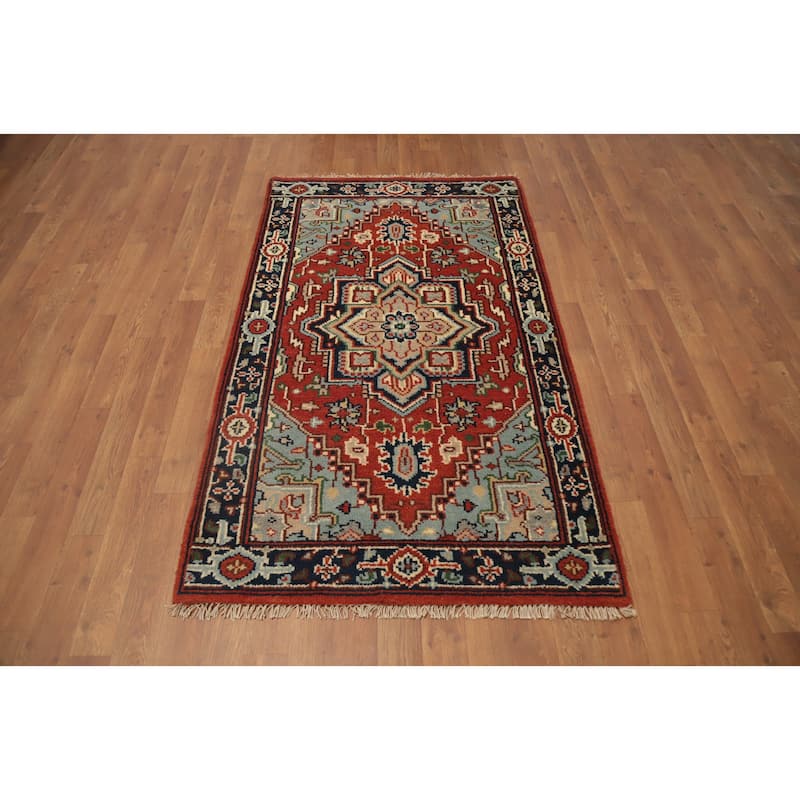 Hand Knotted Oriental 100% Wool Carpet Traditional Medallion Oranges & Rust Heriz (serapi) Area Rug - 5' 1'' X 3' 0''