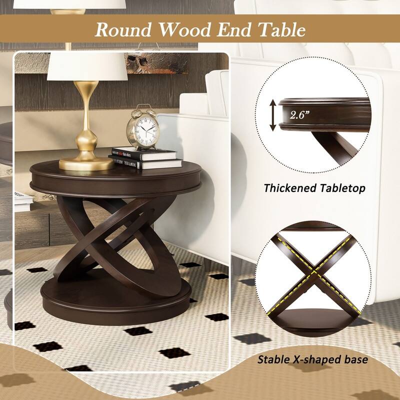 Retro Round Solid Wood End Table with X-Shape Base for Living Room Use