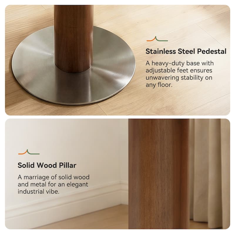 31.5 Inch Round Dining Table for 2-4, Solid Wood Circle Kitchen Table with Stainless Steel Pedestal, Sintered Stone Top