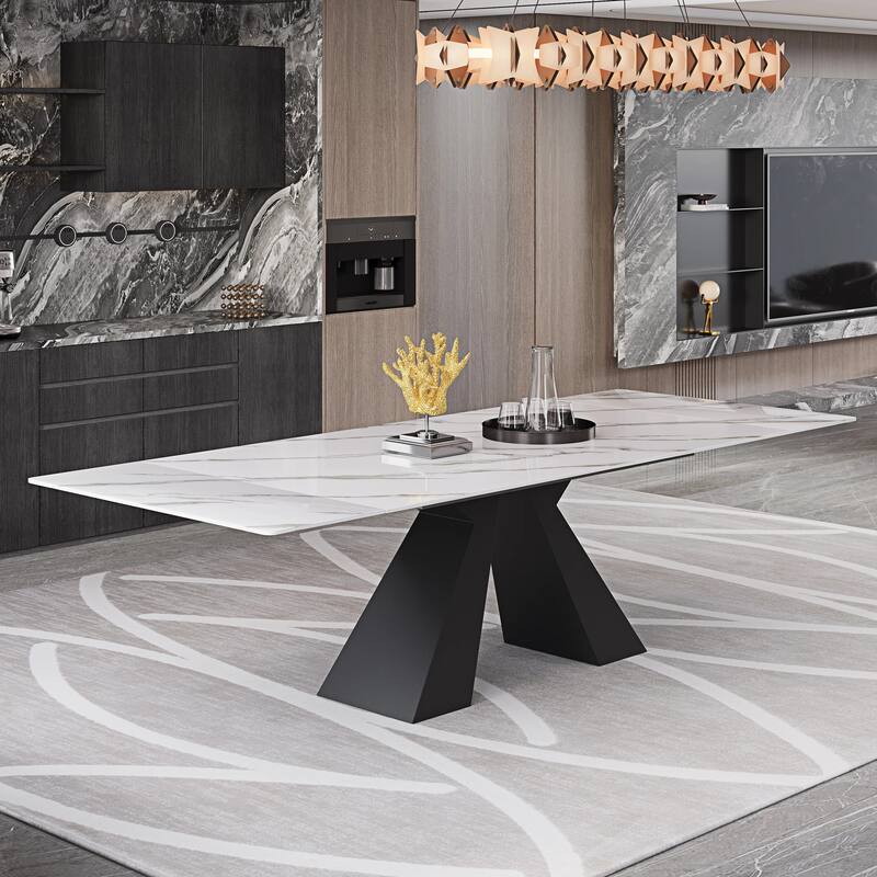63'' to 94.5” Extendable Dining Table For 8-10 with Sintered Stone Table top and Metal Base - 94.48"