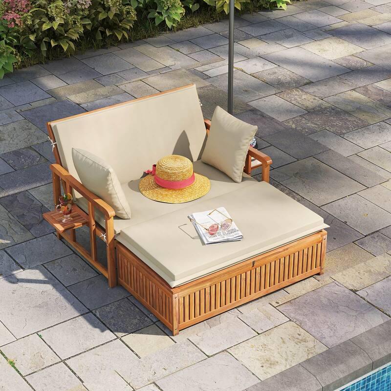 Costway Outdoor Wooden Daybed with 4-Level Backrest & Removable - See Details - Off White+Natural - See Details