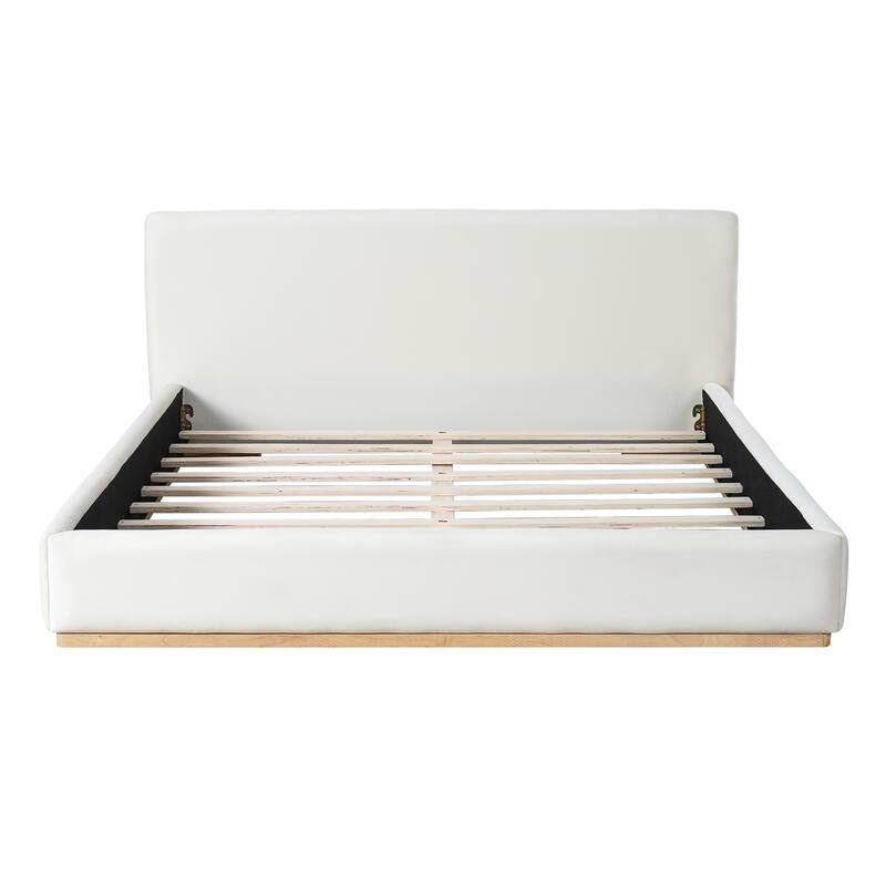 Roomfitters Elegant Upholstered Bed Frame, Solid Wood Slat Support, White - Queen