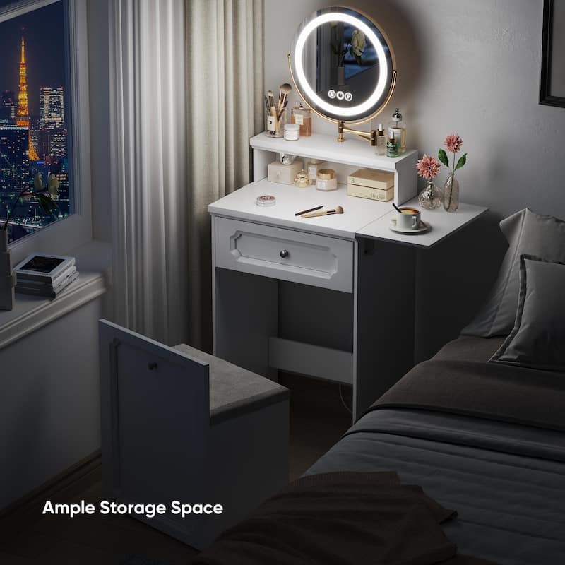 White Makeup Vanity Desk with Round Mirror and Lights, 2 in 1 Nightstand, Dressing Table with a Chair