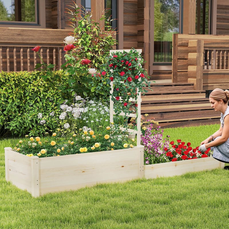Costway 87" Raised Garden Bed with Trellis 2 Planter Boxes Open-ended - Natural - See Details
