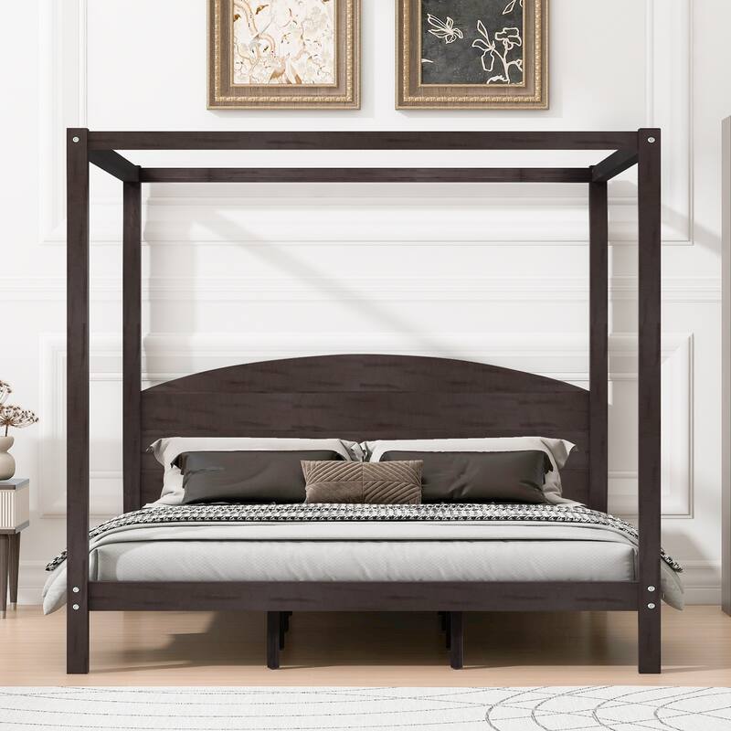 King Size Canopy Platform Bed with Headboard, Brown Wash, Sturdy Frame, Easy Assembly