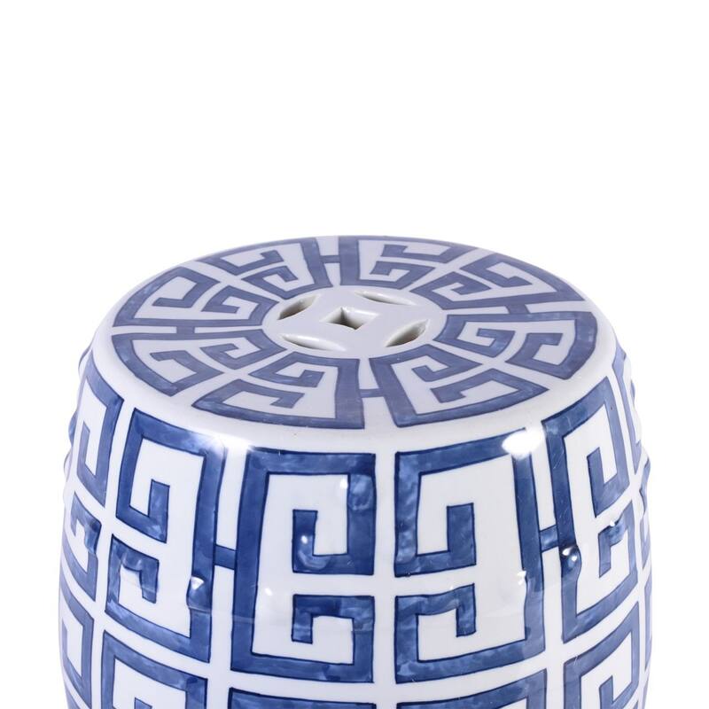 Blue and White Greek Key Garden Stool
