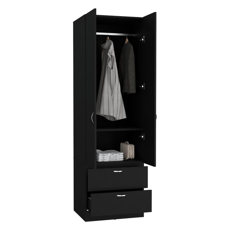 19.5" Modern Double-door Armoire with 2 Drawers, One Shelf and Hanging Rod