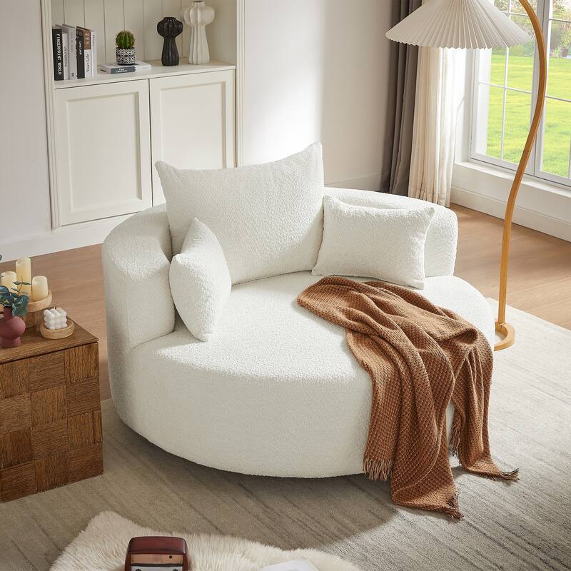 Chenille Accent Barrel Chair Lounge Chair, Round Sofa Chair Armchair with 360-Degree Swivel Base and 3 Removable Pillows - Beige