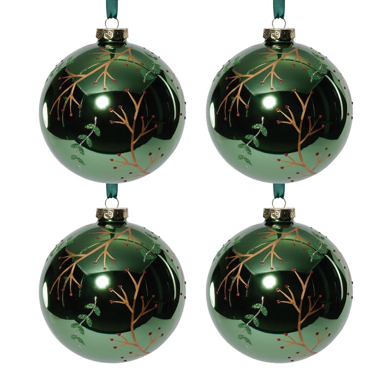 4-Piece Set Shiny Green Metallic 4.75" Glass Ball Ornaments with Gold Leaf & Twig Design