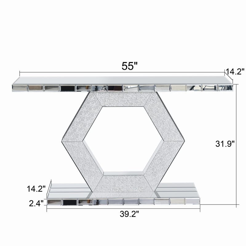 Modern 55" Crystal Hexagon Mirror Console Table Entryway Foyer Decor with Diamond Glass Effects