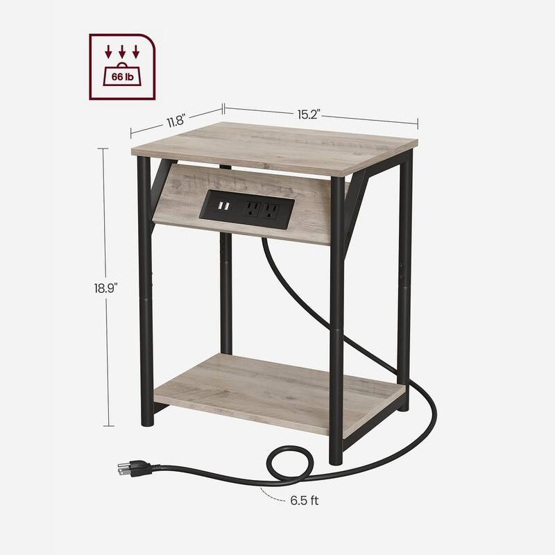 Rustic Brown Wood End Table with Charging Station, Storage Shelf, and USB Ports - 11.8”D x 15.2”W x 18.9”H