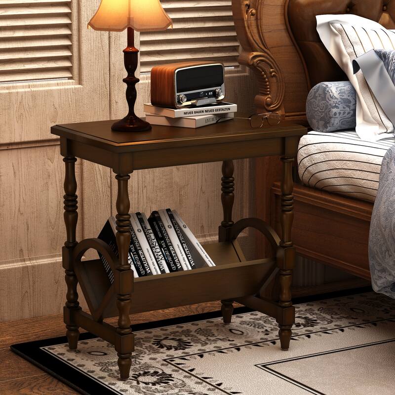 Wooden Side Table Accent Table, End Table Coffee Table with Magazine Rack, Classic Bedside Table with Storage Shelf - Dark Brown