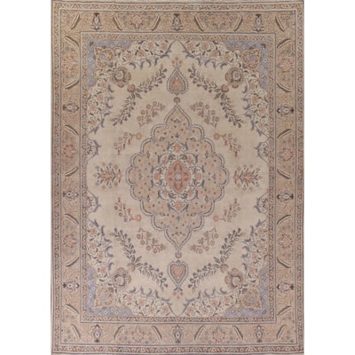 Floral Beige Tabriz Persian Vintage Area Rug Handmade Wool Carpet - 10'0" x 12'9"