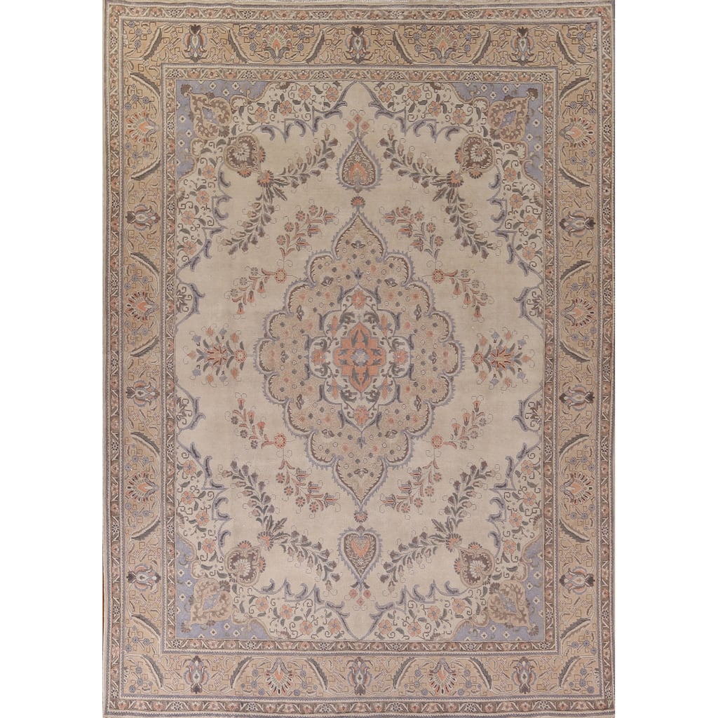 Floral Beige Tabriz Persian Vintage Area Rug Handmade Wool Carpet - 10'0" x 12'9"